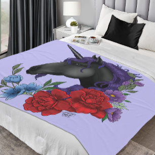 Schwarzes Einhorn Lila Mitternachtsgarten Blumen Fleecedecke
