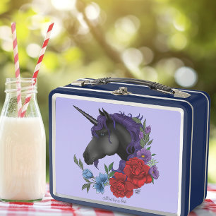 Schwarzes Einhorn Lila Mitternachtsgarten Blumen Metall Brotdose