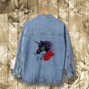 Schwarzes Einhorn Lila Mitternachtsgartenblumen Jeansjacke