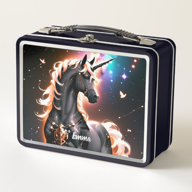 Schwarzes Einhorn mit Gold-Mane-Individuelle Name- Metall Brotdose (Vorderseite)