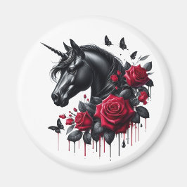 Schwarzes Einhorn umgeben von lebhaften Rote Rosen Magnet
