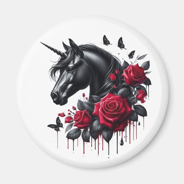 Schwarzes Einhorn umgeben von lebhaften Rote Rosen Magnet (Vorne)