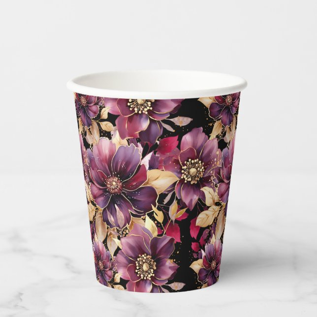 Schwarzes elegantes goldenes Burgundy-Muster Pappbecher (Vorderseite)
