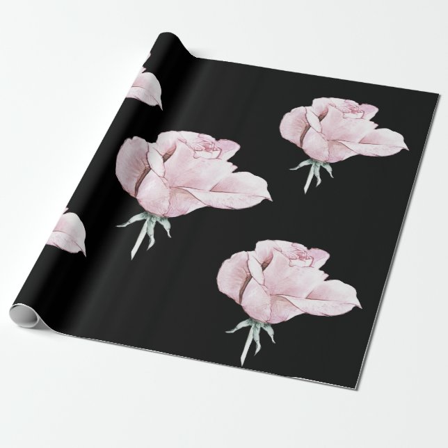 Schwarzes, elegantes, rosafarbenes Watercolor-Rose Geschenkpapier (Ungerollt)
