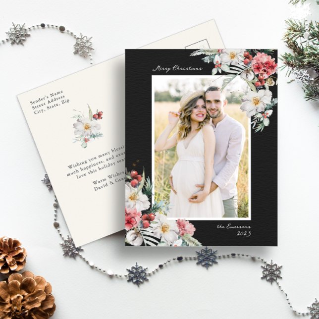 Schwarzes Elegantes Weihnachtsfest Foto Postkarte (Black Merry Christmas Holiday Postcard Simple Elegant Watercolor Botanical Floral Berries)
