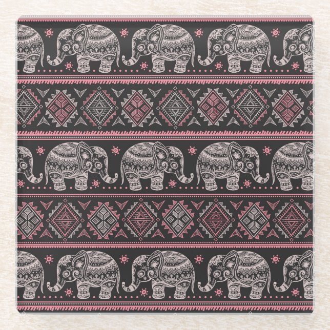 Schwarzes ethnisches Elefant-Muster Glasuntersetzer (Vorderseite)