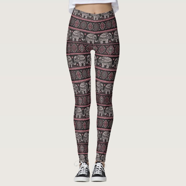 Schwarzes ethnisches Elefant-Muster Leggings (Vorderseite)