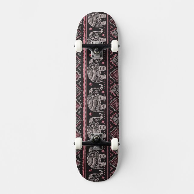 Schwarzes ethnisches Elefant-Muster Skateboard (Vorderseite)