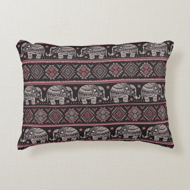 Schwarzes ethnisches Elefant-Muster Zierkissen (Vorderseite)