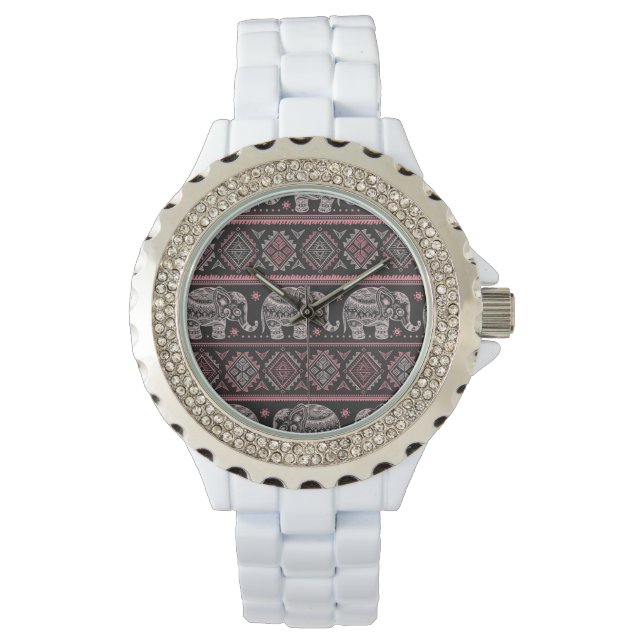 Schwarzes ethnisches Elefantenmuster Armbanduhr (Vorderseite)