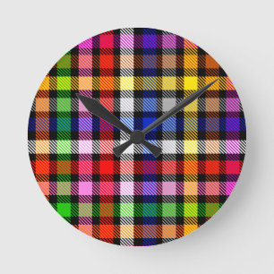 Schwarzes farbenfrohes Twill-Karo-Tartan-Design  Runde Wanduhr
