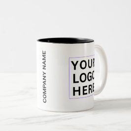 Schwarzes Firmenlogo und Name auf einer weißen Mar Zweifarbige Tasse