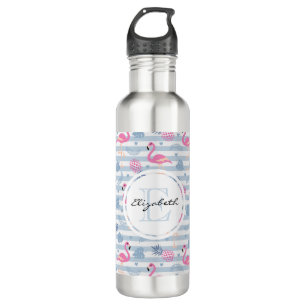 Schwarzes Flamingo-Ananas-Muster Monogramm Edelstahlflasche