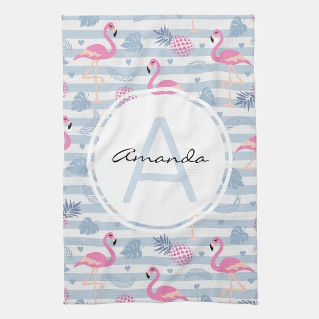 Schwarzes Flamingo-Ananas-Muster Monogramm Geschirrtuch (Vertikal)