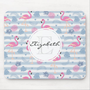 Schwarzes Flamingo-Ananas-Muster Monogramm Mousepad