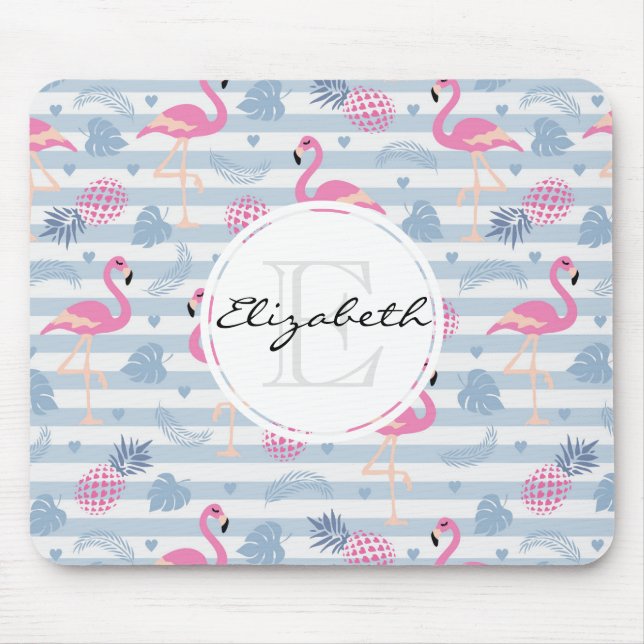 Schwarzes Flamingo-Ananas-Muster Monogramm Mousepad (Vorne)