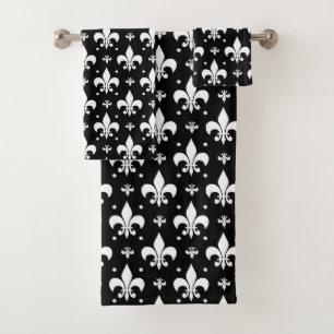 Schwarzes Fleur-de-lis-Muster Badhandtuch Set