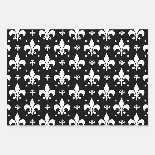Schwarzes Fleur-de-lis-Muster Geschenkpapier Set (Vorderseite)