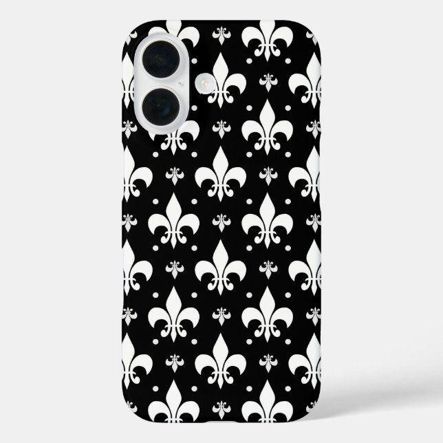 Schwarzes Fleur-de-lis-Muster iPhone 16 Hülle (Rückseite)