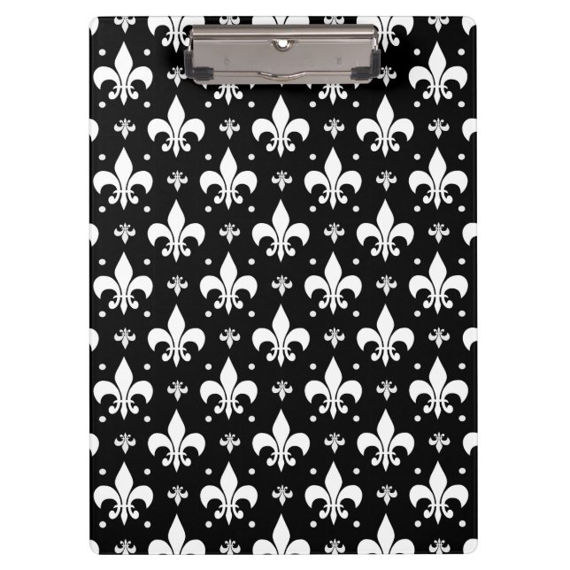 Schwarzes Fleur-de-lis-Muster Klemmbrett (Vorderseite)