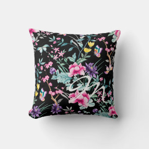 Schwarzes Floral-Butterfly-Monogramm-Kissen Kissen