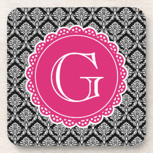 Schwarzes Floral Damask Muster Hot Pink Monogramm Getränkeuntersetzer
