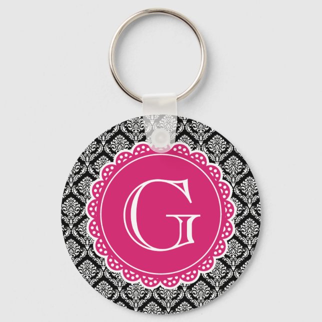 Schwarzes Floral Damask Muster Hot Pink Monogramm Schlüsselanhänger (Vorderseite)