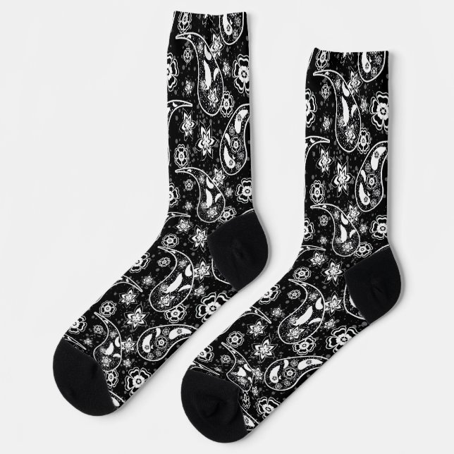 Schwarzes Floral Paisley Illustration Muster Desig Socken (Linkes Detail)