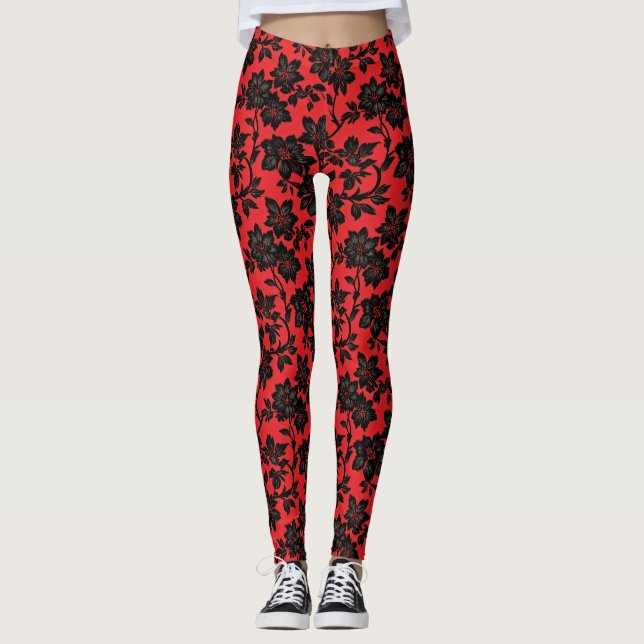 Schwarzes Floral Pattern Rot Leggings (Vorderseite)