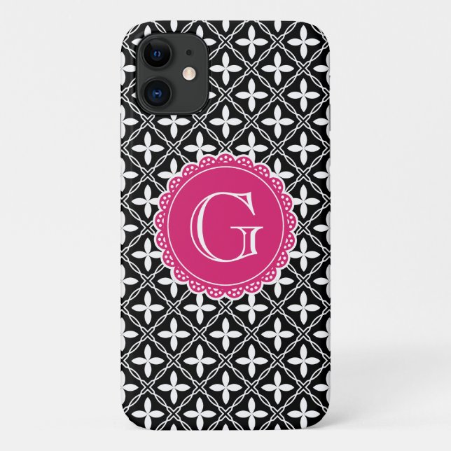 Schwarzes, florales Gittermuster Hot Pink Monogram Case-Mate iPhone Hülle (Rückseite)