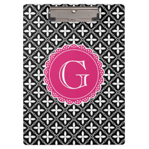 Schwarzes, florales Gittermuster Hot Pink Monogram Klemmbrett