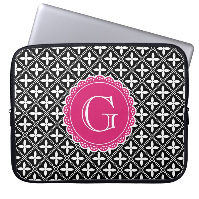 Schwarzes, florales Gittermuster Hot Pink Monogram Laptopschutzhülle (Vorderseite)
