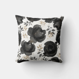 Schwarzes florales Glamour-Blatt in shabby chic Kissen
