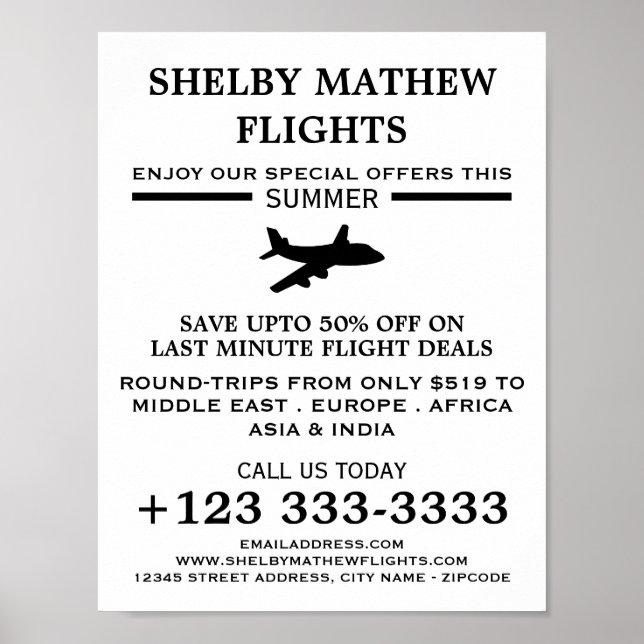 Schwarzes Flugzeug-Symbol, Werbung für Fluggesells Poster (Vorne)