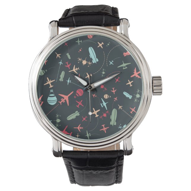 Schwarzes Flugzeug und Flugmuster Armbanduhr (Vorderseite)