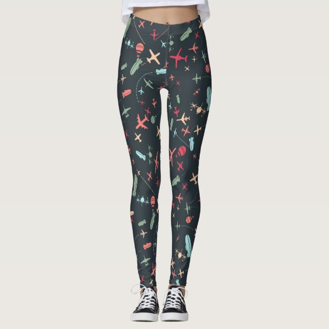 Schwarzes Flugzeug und Flugmuster Leggings (Vorderseite)