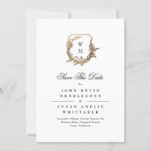 Schwarzes formelles weißes Monogramm Gold-Wappen-F Save The Date