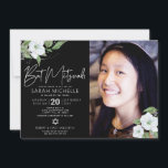Schwarzes Foto Bat Mitzvah Silver Floral Wasserfar Einladung<br><div class="desc">Seien Sie stolz, freuen Sie sich und präsentieren Sie diesen Meilenstein Ihres Lieblings-Bat Mitzvah mit dieser raffinierten, personalisierten Foto-Einladung! Ein schick, atemberaubend, weiß und Imitate silberne Glitzer florale Aquarell, Imitate Silber-Folie Schrift Typografie und weiße Sans Serif Typ Overlay ein dramatischen schwarzen Hintergrund auf der links Seite, Ihr personalisiertes Foto auf...</div>
