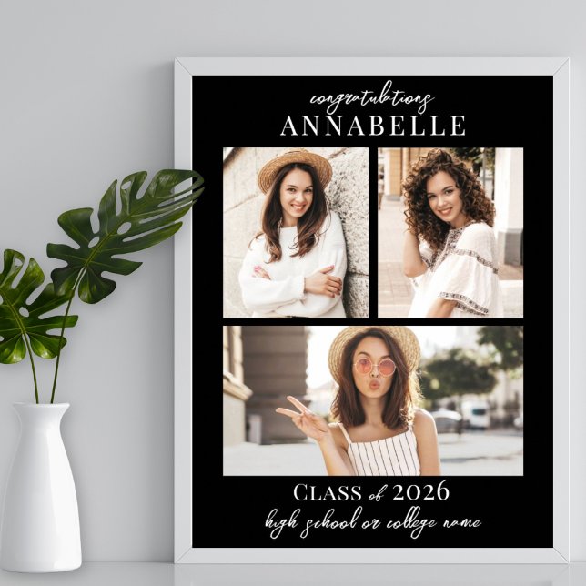 Schwarzes Foto-Collage-Abschlussfeier-Schild Poster (Black Photo Collage Graduation Party Sign)