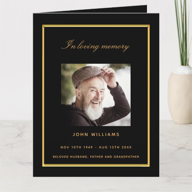 Schwarzes Foto - elegantes Beerdigungsprogramm Dankeskarte (Vorderseite)