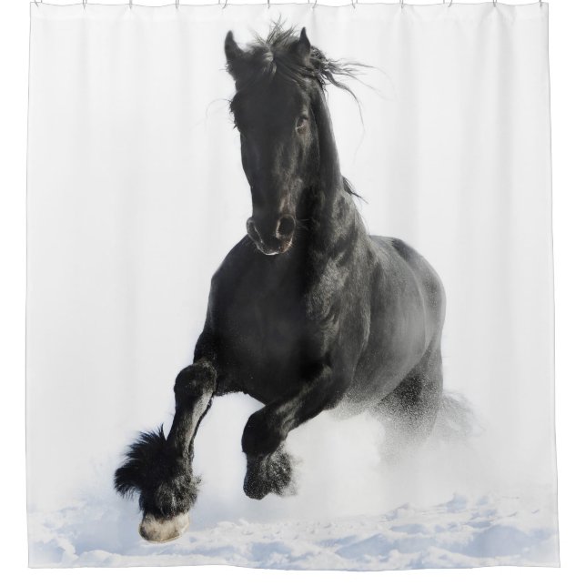 Schwarzes Friesisches Pferd im Schnee Duschvorhang (Vorderseite)