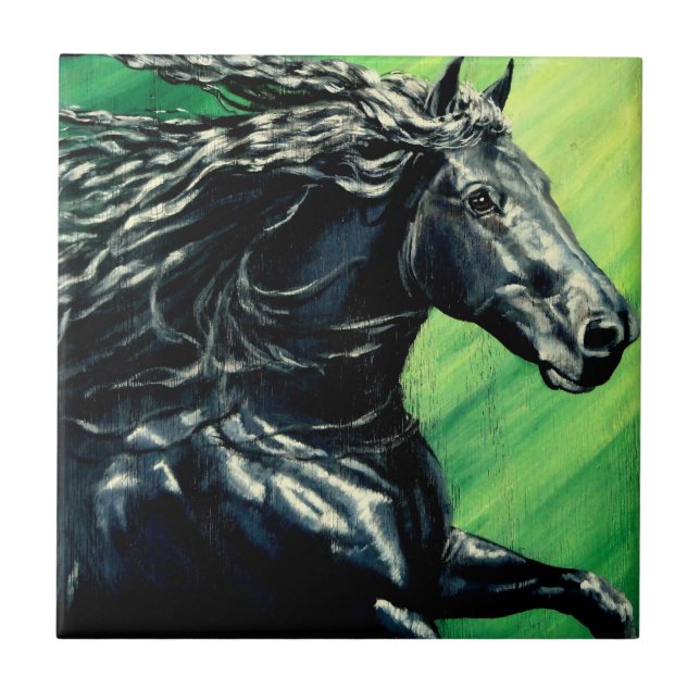 Schwarzes friesisches Stallions-Pferd Fliese (Vorderseite)