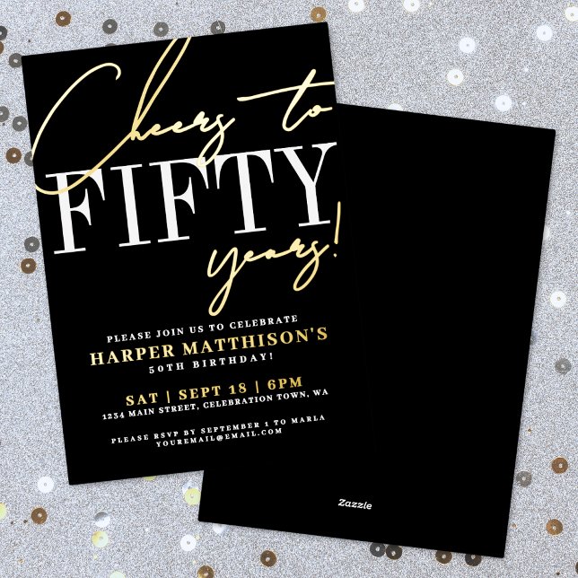 Schwarzes Fünfzig 50. Geburtstag Gold Folieneinladung (Black Fifty 50th Birthday Gold Foil Invitation)