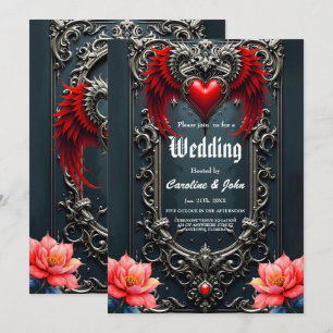Schwarzes geflügeltes Herz Gothic Romance Elegant Einladung