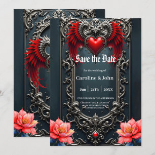 Schwarzes geflügeltes Herz Gothic Romance Elegant Save The Date