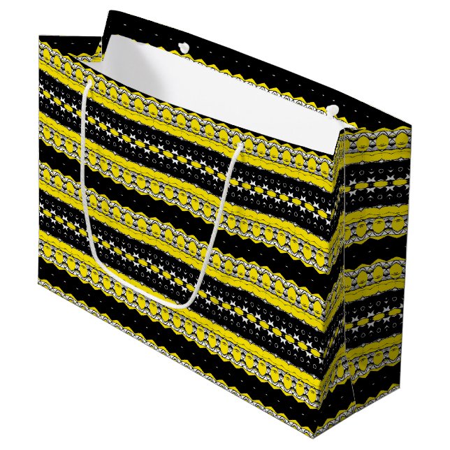 Schwarzes, gelbes und weißes Tribal-Muster Große Geschenktüte (Vorderseite Schrägansicht)