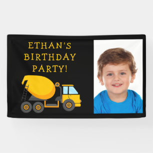 Schwarzes gelbes Zementmischer-LKW-Kindergeburtsta Banner