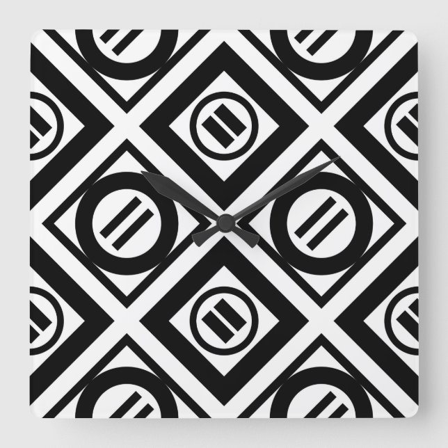 Schwarzes geometrisches Muster mit gleicher Zeiche Quadratische Wanduhr (Vorderseite)