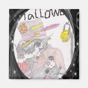 Schwarzes Gerahmtes Halloween-Paar Zeichnend Magnet