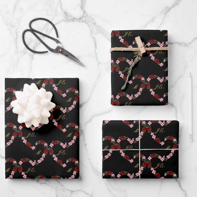 Schwarzes Geschenkpapier mit rosa und rotem Herzen Set (Vorderseite)